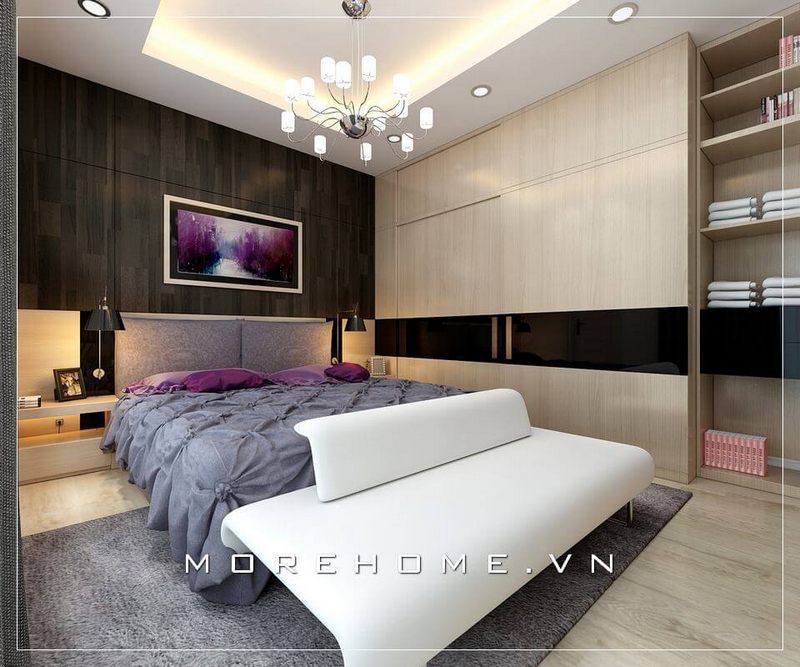 Mẫu giường ngủ chung cư hiện đại với phần đầu giường bọc nỉ tạo điểm nhấn cho cả căn phòng